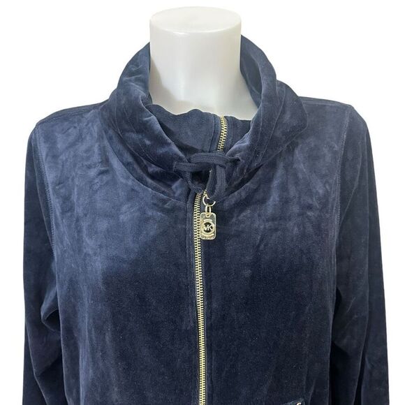 Michael Kors Womens Velvet Blue Full‎ Zip Jacket Mock Neck Size Large Pockets - Picture 2 of 10